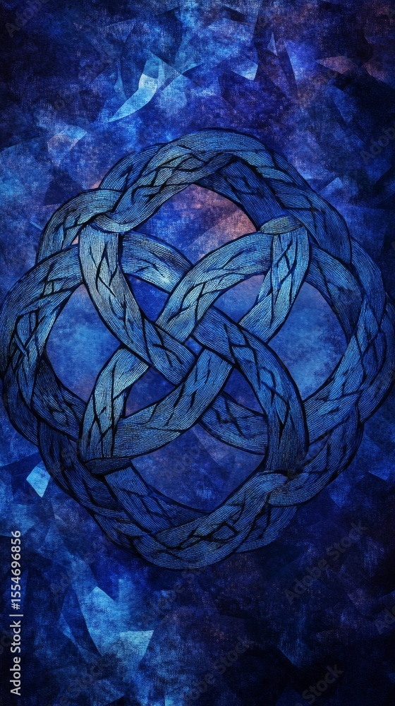 Poster abstract blue sphere with intricate interwoven patterns on a dark background.