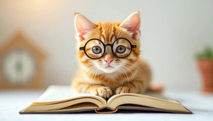 A charming smart ginger kitten in glasses sits attentively near an open book and studies it