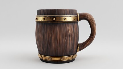 Isolated Rustic Wooden Beer Mug with Brass Accents: A 3D Rendered Image of a Unique Drinking Vessel