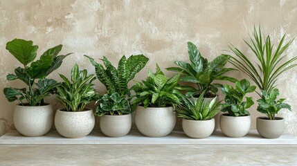 Row of potted houseplants on a light beige surface