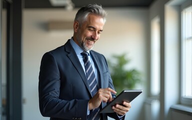 portrait of professional businessman standing in office. Happy middle aged businessman ceo wearing suit standing in office using digital tablet. High quality