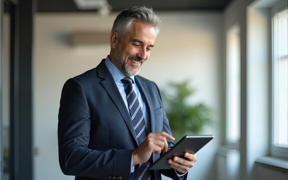 portrait of professional businessman standing in office. Happy middle aged businessman ceo wearing suit standing in office using digital tablet. High quality