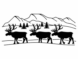 Sophisticated Caribou Icon In Group Formation Antlers Raised F Vector Art