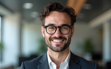 Portrait of a handsome casual businessman wearing black eyeglasses in office smiling. High quality