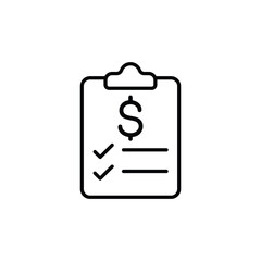 A simple icon depicting a checklist with a dollar sign, representing financial planning.