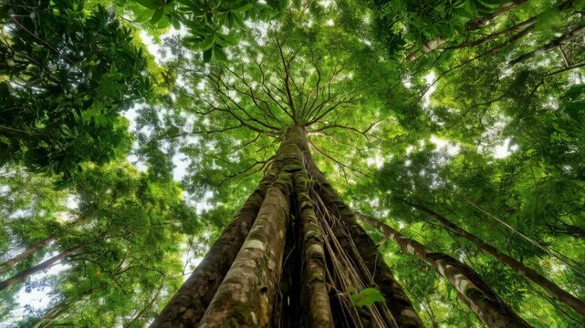 Towering rainforest tree with lush green canopy and textured bark extending upwards towards bright sky viewed from below