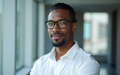 Handsome 45 years old gentle black African American man, wearing glasses, formal slick hairstyle, smooth face in a modern office building, wearing white shirt, beside a huge window. High quality