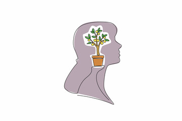 Single one line drawing the head of woman with a money tree in a pot in the middle of her head. Always think about passive income. Inside the Head of Woman. Continuous line design graphic illustration