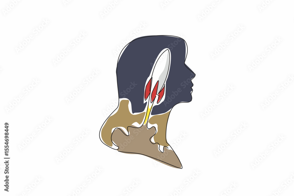 Aufkleber continuous one line drawing head of woman with rocket in middle of head with cloud of smoke. prefere