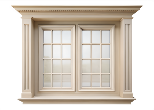 Elegant cream colored double window with detailed molding isolated on transparent background