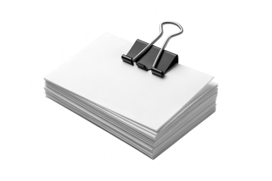 Stack of white paper with binder clip isolated on transparent background