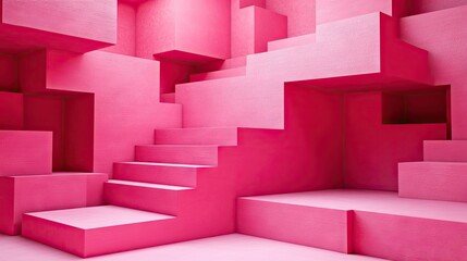 Pink geometric shapes form an abstract architectural scene.