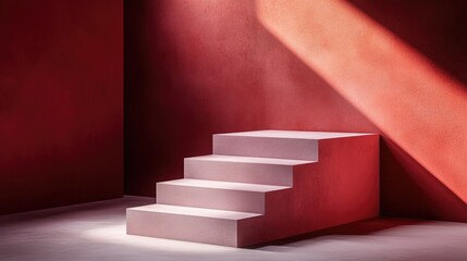 Light-filled room with a set of steps in a muted pink tone.