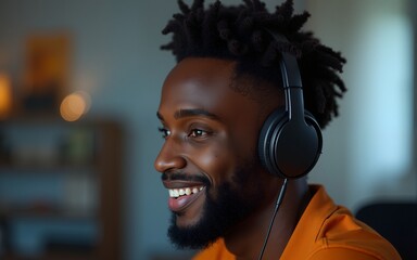 Black african male headphones computer headset. High quality