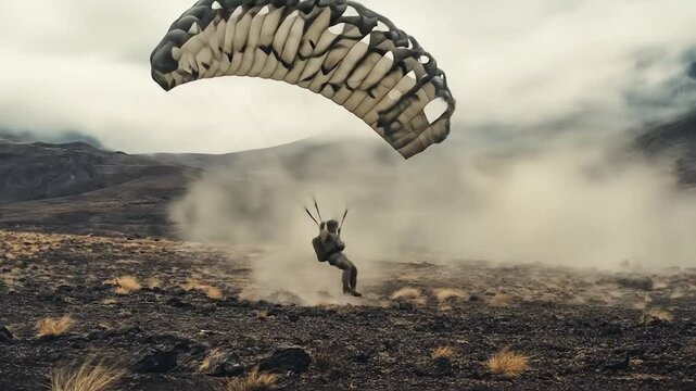 Military Parachutist Landing on Rocky Terrain with Dust Clouds in Training Exercise