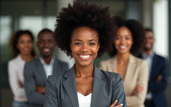 Portrait of a confident black businesswoman with all african american team in the background. High quality