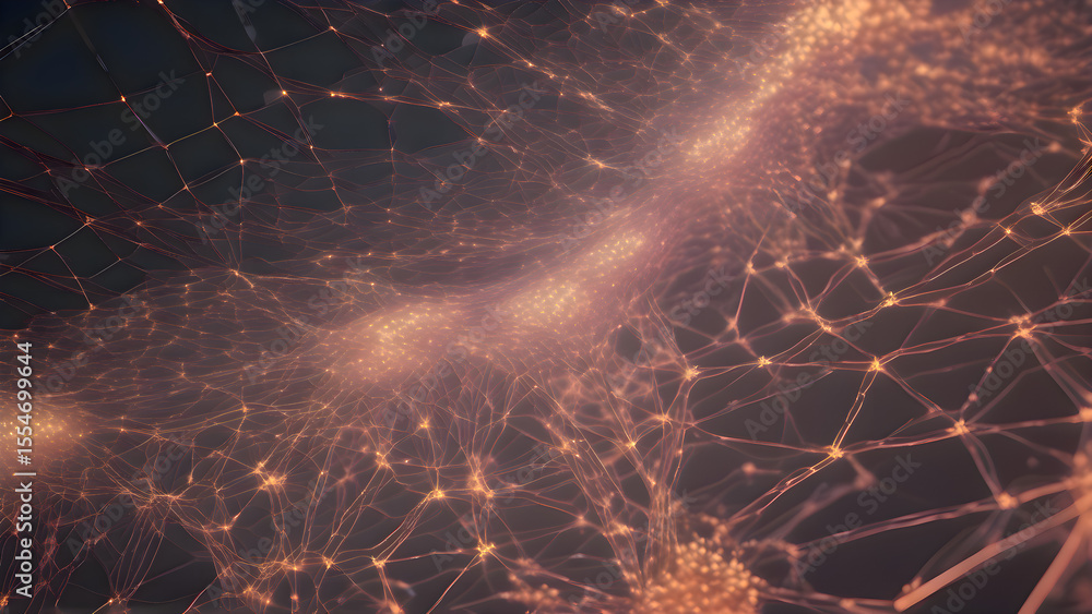 Poster computer generated image of a network of neurons, shown with digital effects and glowing elements in