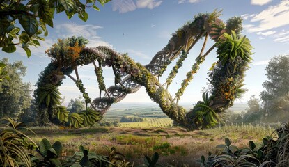 An artistic representation of the double helix structure made from plants and trees, with DNA strands flowing through it in an open field setting.
