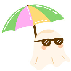 Cartoon Ghost with Sunglasses Under Umbrella