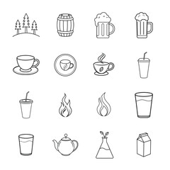 Outlined Iconography Set of Beverages and Elements Featuring Trees, Beer, Coffee, Water, Milk, and Teapot Illustrations