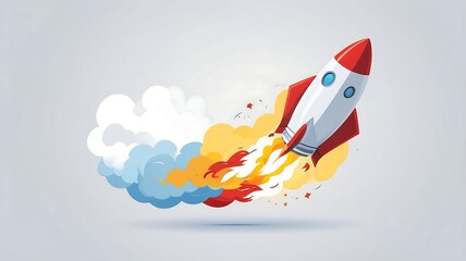 Cartoon Rocket Ship Blasting Off on White Background
