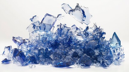Obraz premium Abstract pile of shattered blue crystals against a white background.