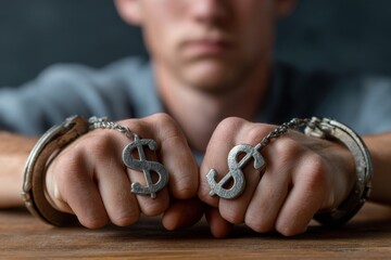 A person with fists on a table wears large dollar sign rings, symbolizing wealth, power, or money focus.