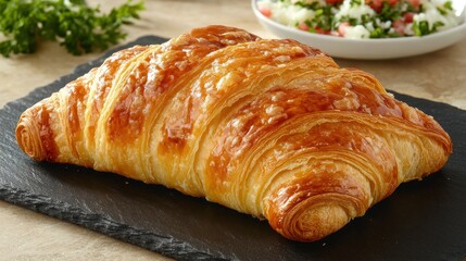 Golden croissant on dark slate plate