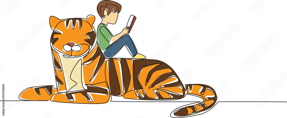 Poster single continuous line drawing boy reading book on cute tiger. the student who is repeating the subj