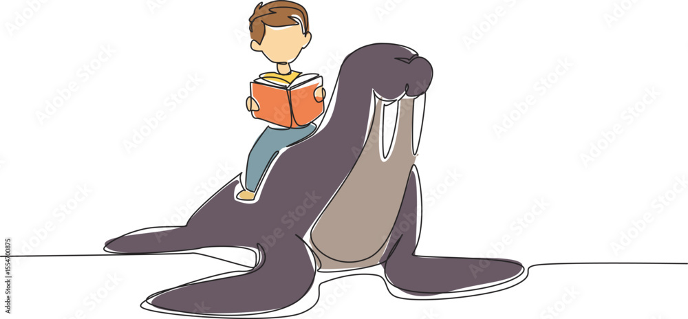 Poster single one line drawing boy reading book on cute walrus. reading while practicing. getting know anim