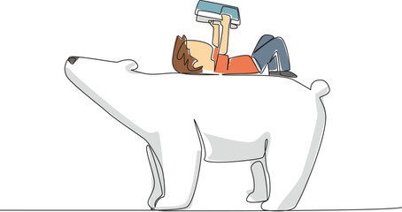 Single continuous line drawing boy reading book on cute polar bear. Lying on back reading book. Increase knowledge in relaxed way. Boy Reading Book at Animal Back. One line design vector illustration