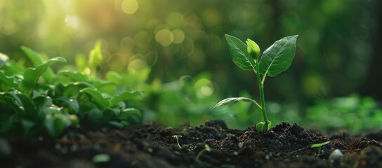 Small seedling sprouting in the soil on a green background, a banner for World Environment Day concept. A macro view of a growing plant with seeds