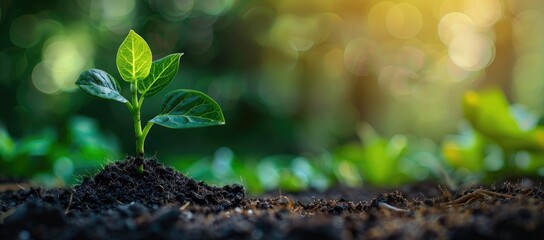 Small seedling sprouting in the soil on a green background, a banner for World Environment Day concept. A macro view of a growing plant with seeds