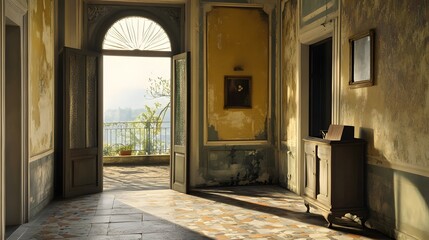 Obraz premium Sun-Drenched Archway Leading to a Balcony in a Charmingly Aged Historic European Villa Interior
