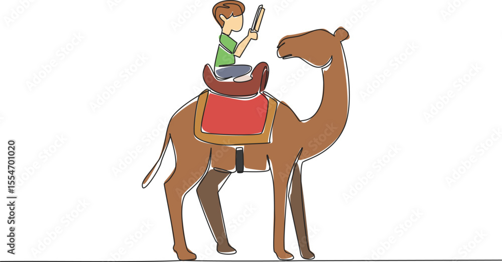 Aufkleber continuous one line drawing boy reading book on cute camel. find out main function of the camel hump