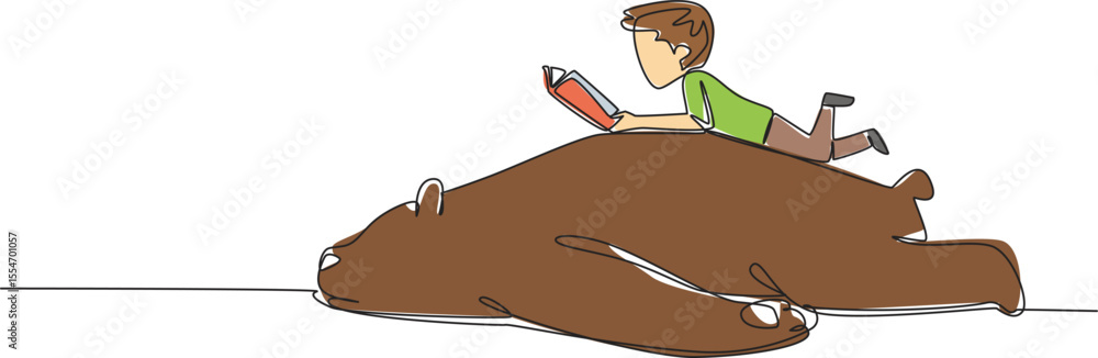 Poster single one line drawing boy reading book on cute bear. the lazy and the diligent who seek knowledge.