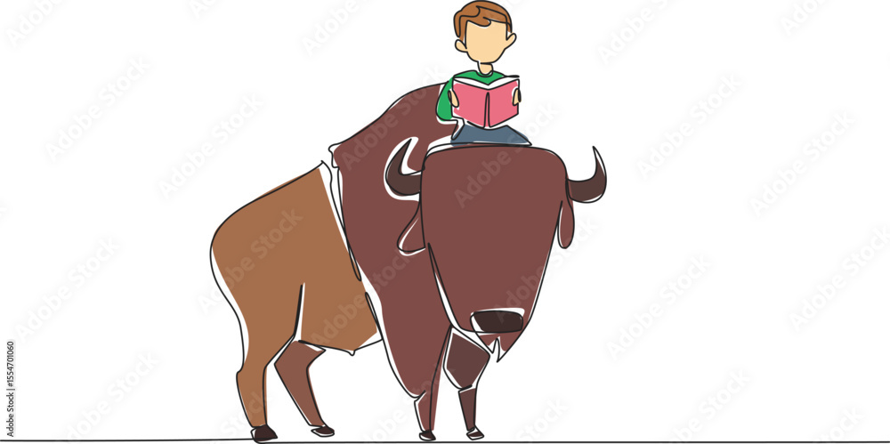 Poster single continuous line drawing boy reading book on cute bison. breeding bison and then exporting the