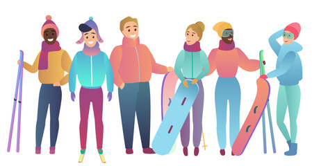 Group of cute cartoon skiers and snowboarders young people Trendy gradient flat color vector illustration