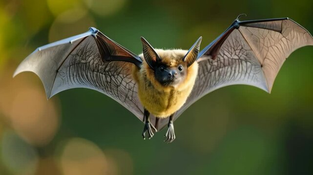 A solitary yellow and black bat hangs upside down with grey wings in soft focus green nature background, looking directly at camera.