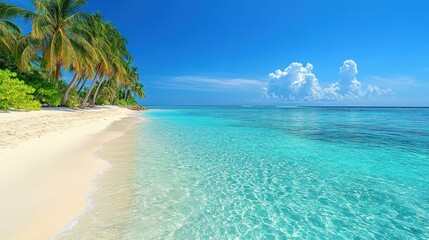 Fototapeta premium Tropical beach paradise. Turquoise water laps a pristine white sand shore lined with palm trees under a brilliant blue sky