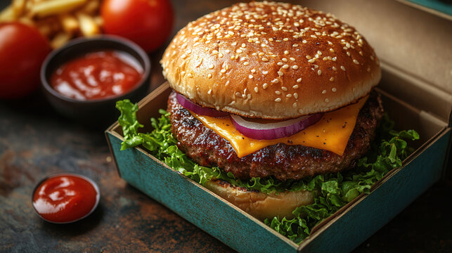 classic cheeseburger in bold orange box on pastel blue background, vibrant fast food lunch with sesame bun and fresh toppings