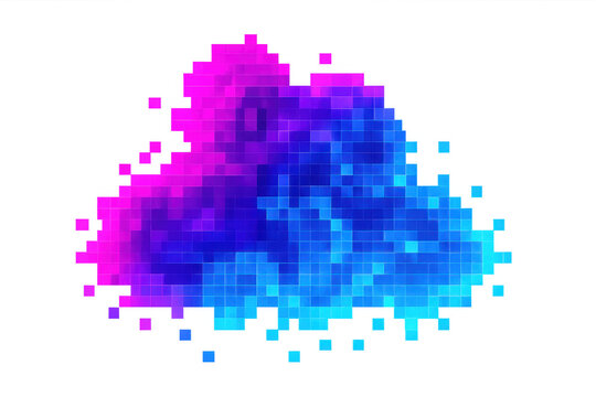 Pixelated purple-blue cloud pattern visualizing digital data streaming, network connectivity, and cloud computing infrastructure against transparent backdrop