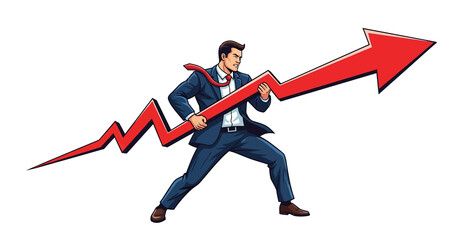Business man holding and struggling to keep the red bear market indicator arrow from going down - isolated white background cartoon illustration