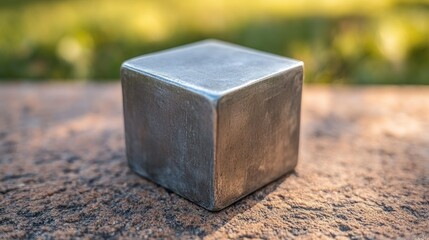 Gray metal cube on textured stone