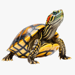 Obraz premium Vibrant Turtle Portrait: A painted terrapin faces up with a detailed shell pattern in vibrant colors.