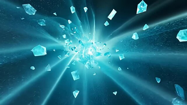 A stunning abstract image showcasing blue crystal fragments amidst a radiant cosmic glow.