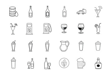 Diverse Beverage and Fuel Icons Representing Various Choices and Energy Types in a Minimalist Style Design