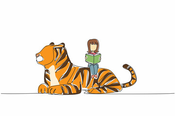 Single continuous line drawing girl reading book on cute tiger. Never stop seeking knowledge. Young girl who loves to study. Nerd. Girl Reading Book at Animal Back. One line design vector illustration