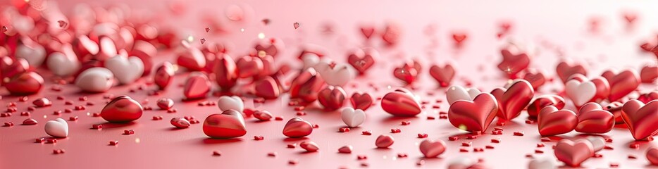 A soft pink background with scattered red and white hearts, perfect for Valentine's Day themes. The heart shapes add an element of romance to the design