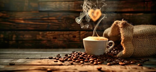 A steaming cup of coffee with steam forming the shape of a heart, surrounded by scattered brown beans on an old wooden table. 